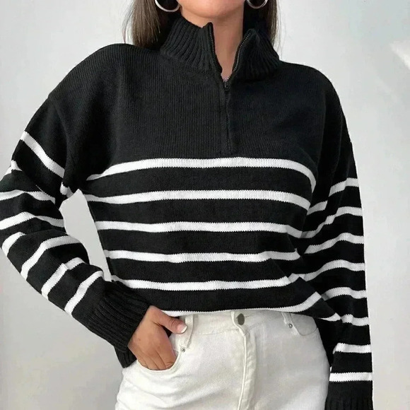 Black And White Preppy Womens Stripe Pattern Half Zipper Drop Shoulder Sweater - Picture 1 of 5